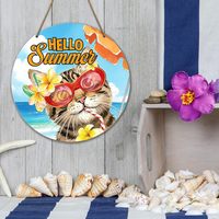 Panneau suspendu en bois « Bonjour l'été » avec motif floral et chat en lunettes de soleil, design contemporain pour la maison, le bureau, la porte d'entrée, la terrasse - Fête d'été