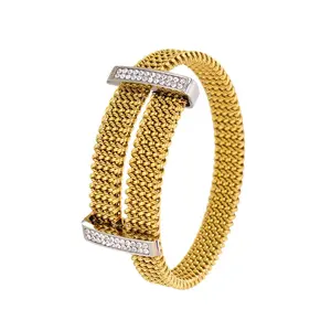 Wholesale Custom No Fading Fashion Jewelry Gold Plated Stainless Steel Mesh Cross Zircon Couples Bracelet Bangles For Women Men