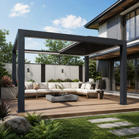 Pergola rétractable en aluminium motorisée avec toit à lames orientables, imperméable, pour jardin, terrasse, ou comme gazebo.