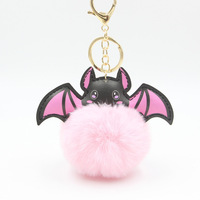 Porte-clés pelucheux en PU avec motif de chauve-souris foncée, en peluche et pompon, accessoires mignons et adorables, pendentif pour sac, cadeaux pour enfants
