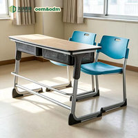 Ensemble de bureaux scolaires deux places personnalisés avec panier de rangement en bois, vente en gros d'usine, mobilier de classe réglable, centre de formation moderne
