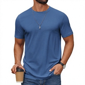 T-shirt à manches courtes pour homme, bleu uni, col rond, coupe classique, décontracté, respirant, 100% coton jersey tricoté - Product Image 1