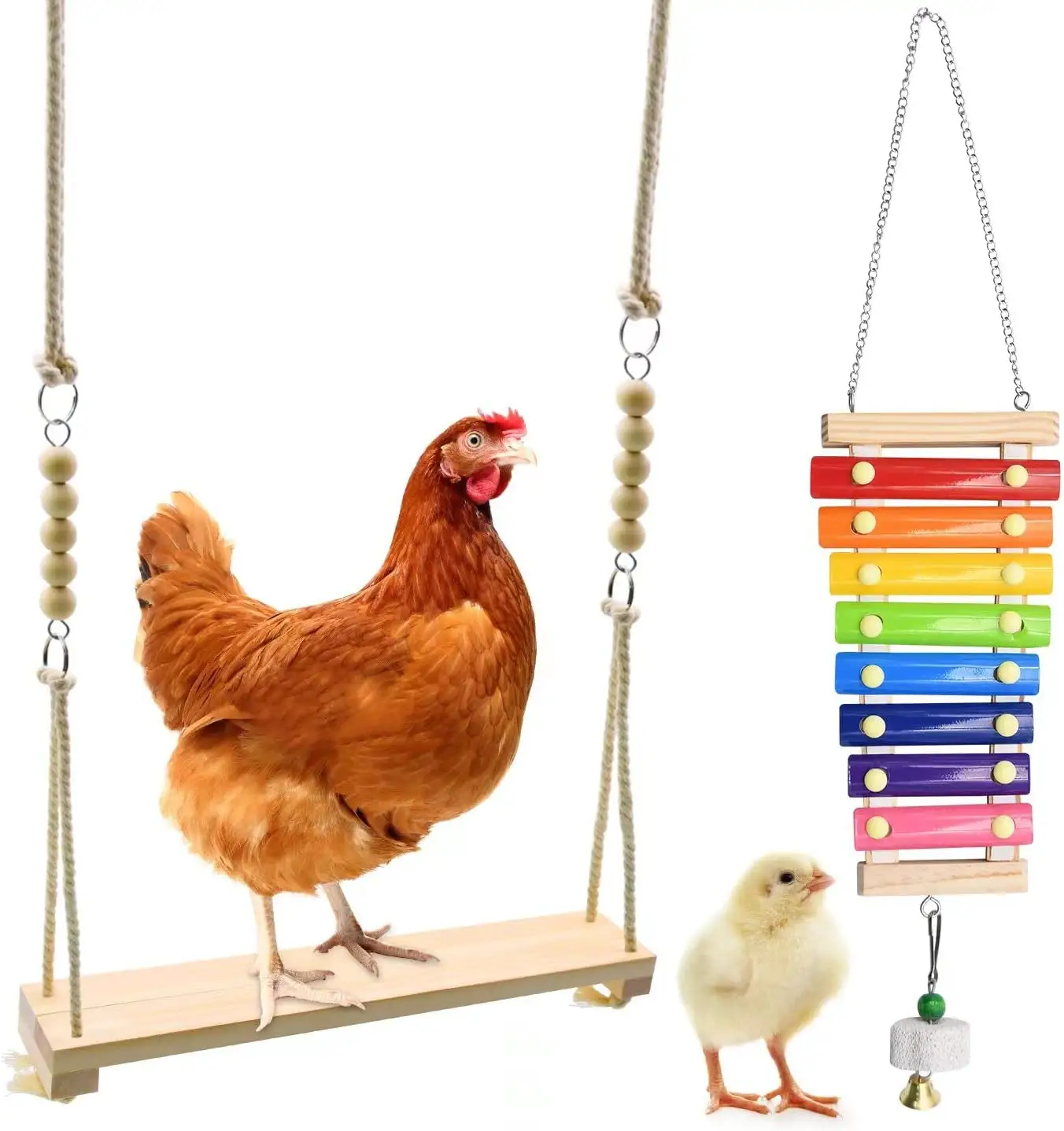 Kingtale Pet fornitore 2 Pack altalena e pollo giocattolo xilofono Set per lo Stress degli uccelli giocattoli per pappagalli scatola