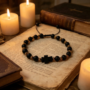 Black Frosted Stone <b>Bracelet</b> With <b>Gold</b> Copper <b>Beads</b> Cross Design Adjustable Unisex Religious Ceremonies Volcanic Rock Jewelry - Product Image 1