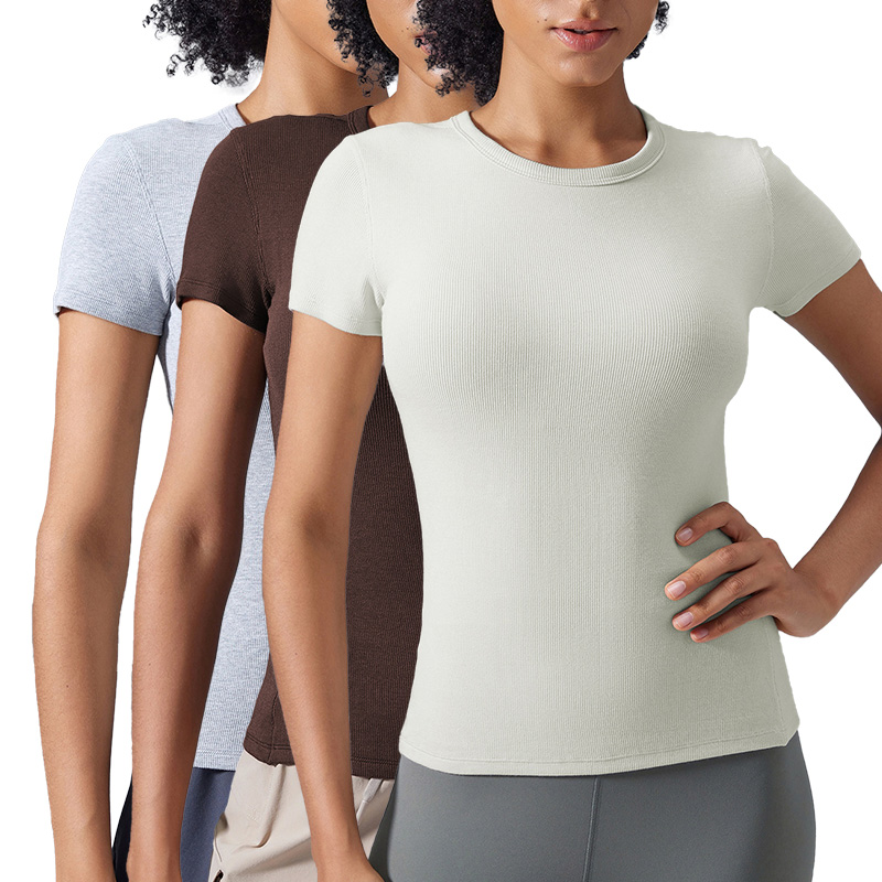 D25096 Women Nude Feeling Short Sleeve Stretchy Slim Fit Crew Neck Yoga Top