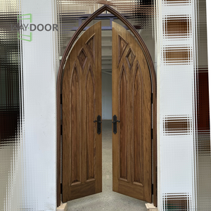 Customized Gothic Design Oak Mahogany Finished Wooden Double Door with Decorative Lines Pointed Arched Solid Wood Exterior Doors - Product Image 3
