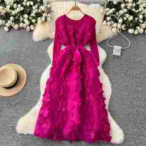 Vestido midi plisado elegante de primavera con cuello redondo, tejido transpirable, antiestático, corte A, ajustado, para mujer, cintura imperio, encaje 3D - Product Image 3