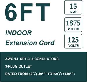 <span class=keywords><strong>Rallonge</strong></span> électrique robuste EP de 1,8 m, calibre 14, <span class=keywords><strong>pour</strong></span> climatiseurs, réfrigérateurs, lave-linge, usage intérieur, gris - Product Image 2