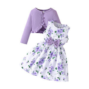 Conjunto de Ropa para Niñas de 2 a 8 Años, Estilo Moderno, Vestido Halter Floral y Abrigo de Punto de Manga Larga en Color Sólido para Bebés - Product Image 1