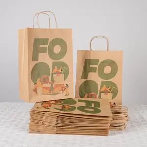 Sacchetti di carta da imballaggio personalizzati logo marrone eco friendly fast food da asporto artigianale/sacchetto di carta kraft con manici