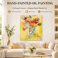 Peinture à l'huile abstraite jaune citron, bouquet de roses cramoisies, technique impasto au couteau, peinte à la main sur toile, décoration murale texturée