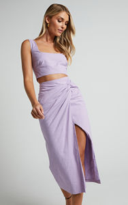 Customized Clothing Factory Co Ord Combinando Linho Sem Mangas Colheita Tops Alta Fenda Torção Midi Saia Longa Conjunto de 2 Peças das Mulheres - Product Image 2
