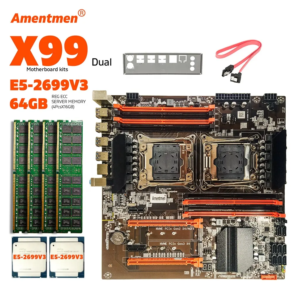 LGA2011-3 материнской платы Amentmen Dual X99 с процессором XEON E5 2699 V3 * 2 с 4 pcsx16gb = 64 ГБ DDR4 2133 мГц комплект серверной памяти