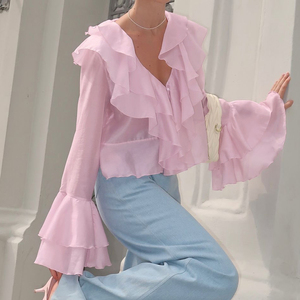 Alla moda abiti estivi rosa con volant <span class=keywords><strong>corti</strong></span> e abbottonati di perle da donna top eleganti camicette da donna 2025 - Product Image 1