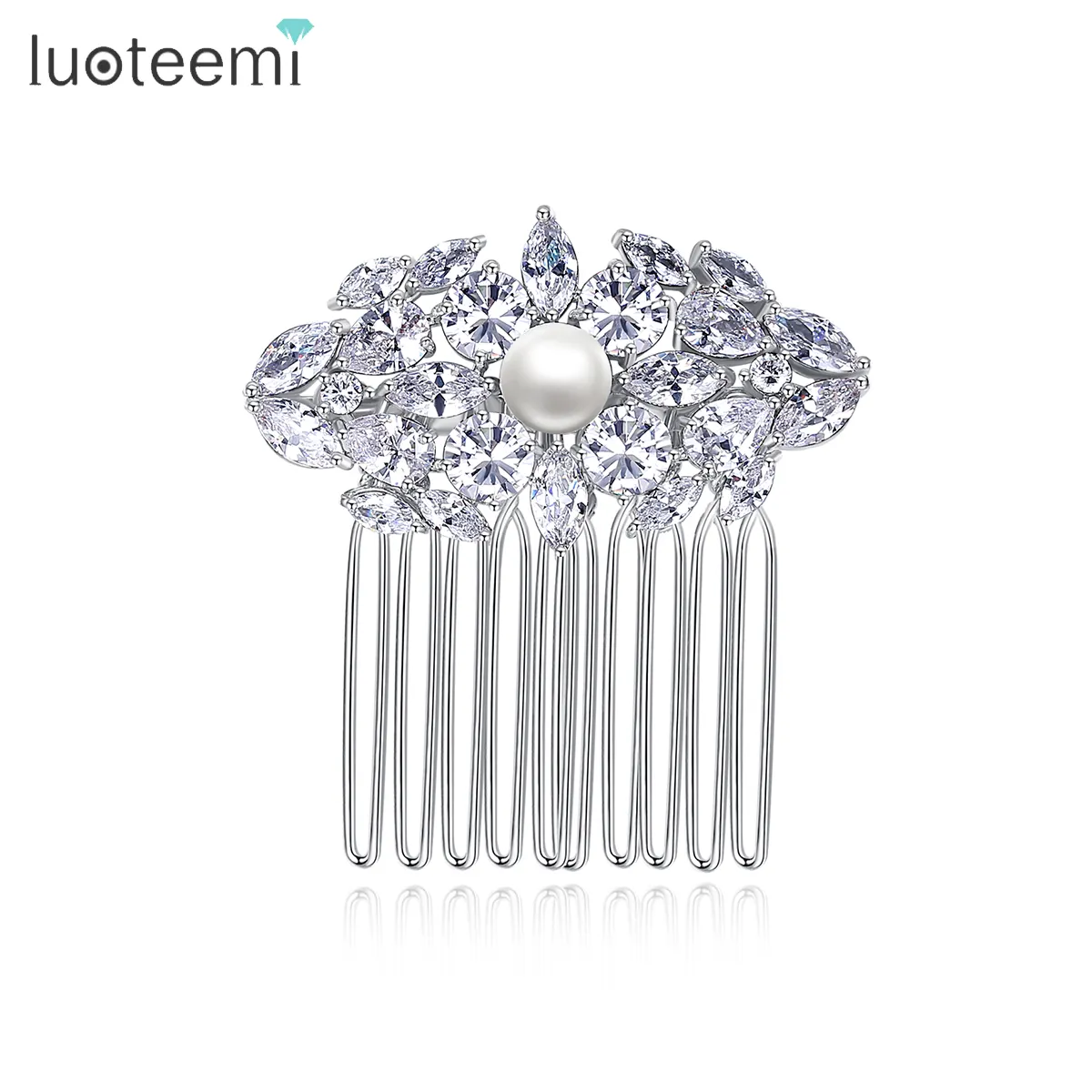 Luoteemi Haaraccessoires Rhodium Plating Strass Zirconia Leuke Bloem Bruiloft Bruids Parel Haar Kam