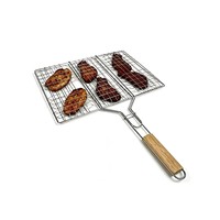 Panier de barbecue grande capacité réutilisable en métal avec poignée en bois anti-brûlure pour le camping, les pique-niques et la cuisson des aliments