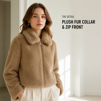 Manteau en fausse fourrure marron vintage pour femme, veste à manches courtes zippée, doux et moelleux, vêtement d'extérieur pour l'hiver