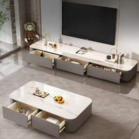 Ensemble de meubles TV modernes et minimalistes, meuble TV et table basse avec plateau en pierre frittée blanche, grand meuble de rangement à tiroirs