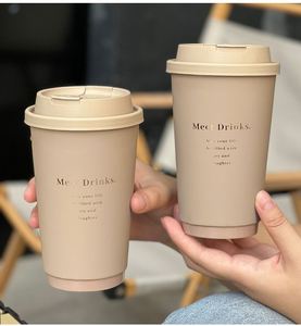 Custom Printed Logo 16oz <b>Disposable</b> Tactile Paper Milk Tea <b>Cup</b> Luxury Khaki Double Wall Paper Coffee <b>Cup</b> With Lid - Product Image 4