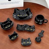 Ensemble de vaisselle en céramique de luxe léger, écologique, noir brillant, motif chat de dessin animé mignon, résistant au lave-vaisselle, vente en gros