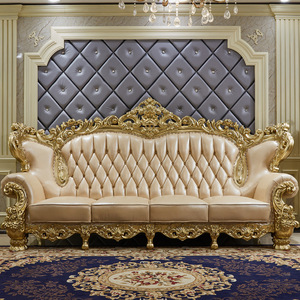 Sofá de Cuero Europeo STG para Sala de Estar, Muebles Aristocráticos de Madera Maciza Dorada Tallada, Sofá de 1/2/3/4 Plazas - Product Image 3