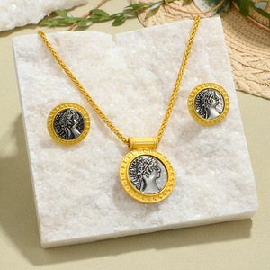 Ensemble de boucles d'oreilles et collier vintage en alliage de zinc, design rond, bijoux unisexes, ensemble cadeau - Product Image 1