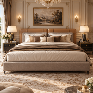 Cadre de lit rembourré de luxe moderne, lit double minimaliste italien avec tête de lit rembourrée douce pour meubles de chambre à coucher - Product Image 1
