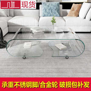 Hiện đại rõ ràng Bàn cà phê thủy tinh với kính cong trung tâm đồ nội thất phòng khách với bánh xe gỗ Bảng điều khiển phong cách để sử dụng nhà - Product Image 3