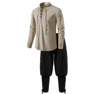 Conjunto de 2 Piezas de Disfraz de Caballero Medieval para Hombre Camisa de <span class=keywords><strong>Pirata</strong></span> Renacentista y Pantalones con Banda en el Tobillo para Halloween de Tela de Algodón y Lino - Product Image 1