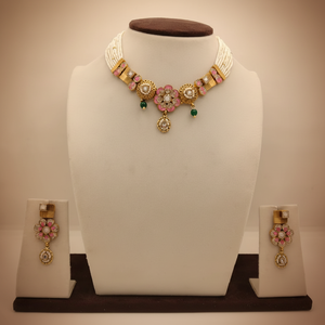 Traditional 925 Silver Pearl Choker Necklace <b>Set</b> with Pink Floral Design Green <b>Beads</b> and Matching Earrings Ethnic Jewelry - Product Image 4