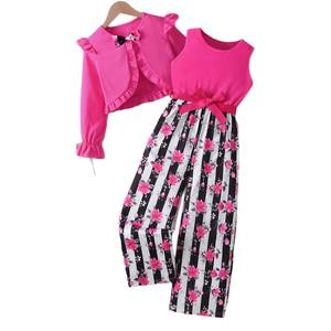 2025 осенний детский розовый кардиган с оборками и длинным рукавом + комбинезон в полоску с цветочным принтом - Product Image 2