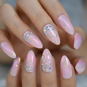 Nouveaux ongles chromés <span class=keywords><strong>avec</strong></span> <span class=keywords><strong>strass</strong></span> amande néon longueur moyenne <span class=keywords><strong>rose</strong></span> luxe presse sur les ongles - Product Image 3