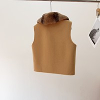 Gilet 100 % laine pour femme, couleur camel, fermeture à boutons-pression, poches utilitaires à rabat, col en fourrure de lapin Rex, idéal pour l'automne
