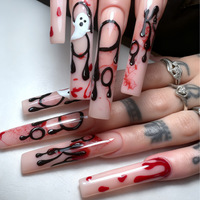 Faux ongles longs en forme de cercueil pour Halloween, motif visage de fantôme 3D, sanglant et effrayant, réutilisables pour fête d'Halloween et cosplay
