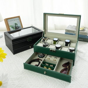 Boîte à montres et bijoux carrée à double couche, 12 compartiments, en cuir PU avec <span class=keywords><strong>ouverture</strong></span> transparente - Product Image 6