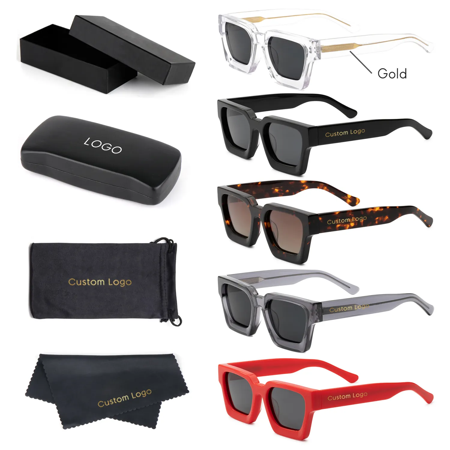 Lunettes de soleil 2024 personnalisées 3D métal Logo haut de gamme luxe carré à la mode épais acétate lunettes de soleil polarisées pour hommes femmes
