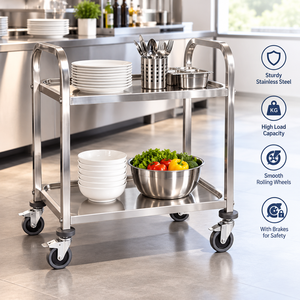 Carrello Portavivande a 2 Ripiani in Acciaio Inox con Ruote Bloccabili, Capacità di Carico 30-50kg, Spessore 0,8mm, per Ristoranti e Hotel - Product Image 4