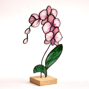 Uniek Ontworpen Art Deco Gebrandschilderd Glas Roze Orchidee Elegant Bloemendisplay Op Houten Basis Voor Huisdecoratie Of Geschenken - Product Image 5