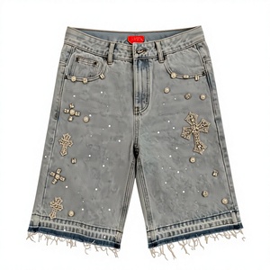 Shorts de Mezclilla con Cierre de Cremallera y Bordado de Cruz de Diamantes Góticos, Estilo Retro Americano, con Pedrería Azul, Ropa Urbana Hip Hop para Hombre - Product Image 1