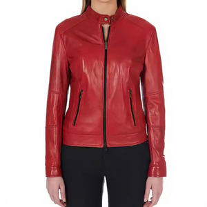 Veste de moto pour femme en cuir d'agneau véritable de haute qualité, design élégant et ajusté, broderie décorative sur le devant, écologique - Product Image 1