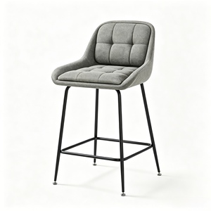Tabouret de bar moderne en tissu gris avec structure métallique et accoudoirs fixes, design contemporain pour usage domestique - Product Image 1