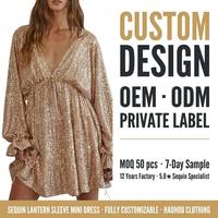 Robe Courte Femme de Soirée à Paillettes Personnalisée, Col Plongeant en V, Taille Empire, Manches Ballon, à Volants, Vente en Gros, Fabricant OEM