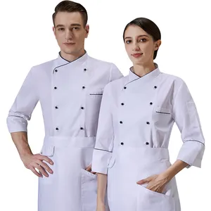 Jaqueta bordada para mulheres, avental de algodão branco liso para homens, vestido de chef e cozinheiro, casaco uniforme, avental online