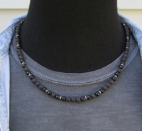 Collar de Cuentas Naturales de Ágata Negra y Piedra Volcánica con Puntos Azules, Venta al Por Mayor de Fábrica, Primavera-Verano