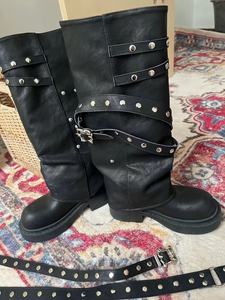 2025 Botas de plataforma con remaches para mujer-Estilo retro occidental, hasta la rodilla, corte de bota, tacón grueso, Adelgazante y elegante - Product Image 6