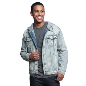 Customizable Light Wash Hooded <b>Men</b> Denim Jacket Ripped <b>Jean</b> Coat with <b>Drawstring</b> Hood Top Quality Suppliers <b>Jean</b> Jackets for <b>Men</b> - Product Image 1