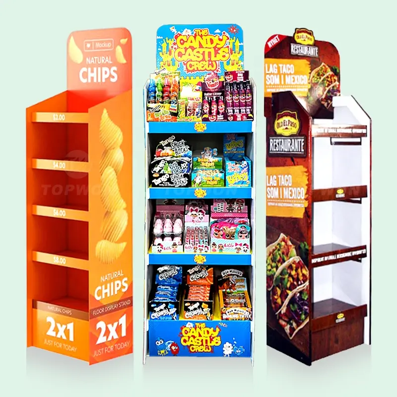 Topwon Retail Supermarket Promosi Kustom Karton Makanan Ringan Rak FSDU Rak Display Pop Chip Display Stand