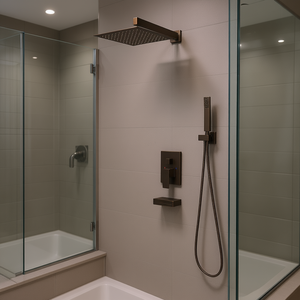 Système de douche mural carré 12 pouces en bronze, avec bec cascade pour baignoire, vanne de raccordement et accessoires de salle de bain - Product Image 2