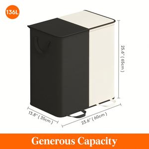 136L <b>White</b>&Black Double <b>Laundry</b> Basket Large Clothes <b>Hampers</b> with Removable Bag <b>Laundry</b> Organizer 2 Section for Bathroom - Product Image 5