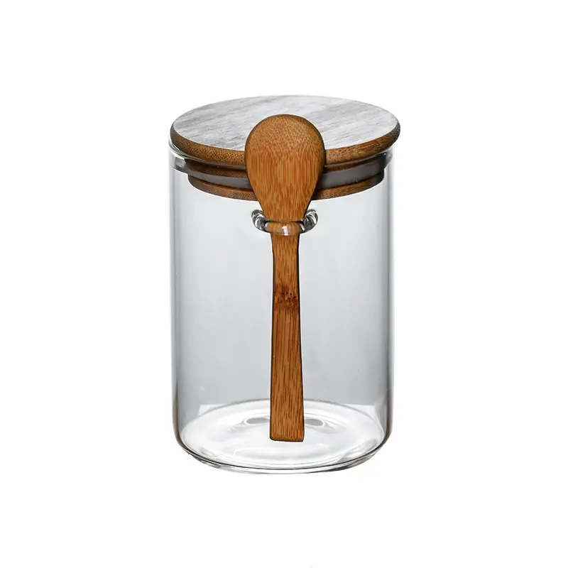 Eco-Friendly Feature Borosilicate Glass Food Spice Jar Clear Glass Storage Jar with Bamboo Spoon and Press Lid